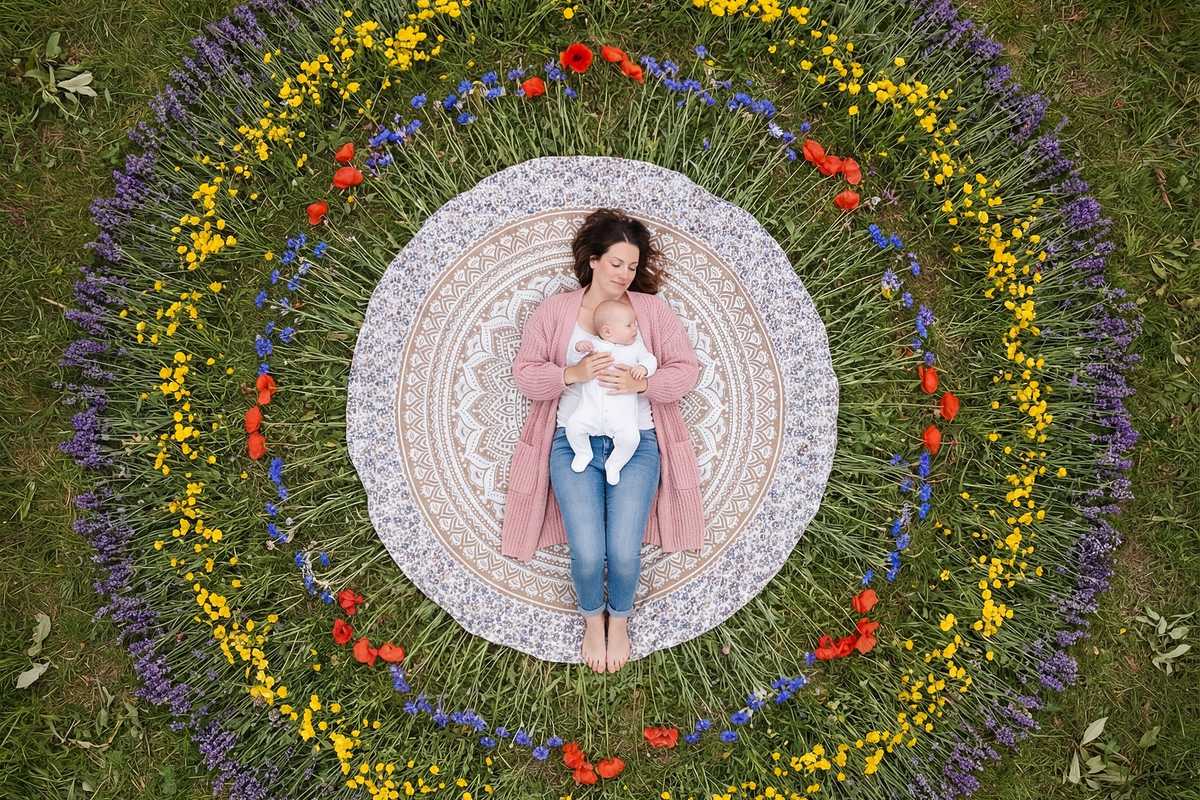 Een moeder ligt met haar baby op een rond kleed, midden in een cirkel van bloemen